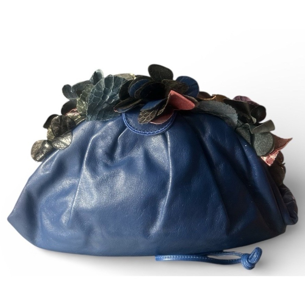 Vintage Rita Diana for Mylinka Blue Leather Floral Appliqué Couture Clutch Bag